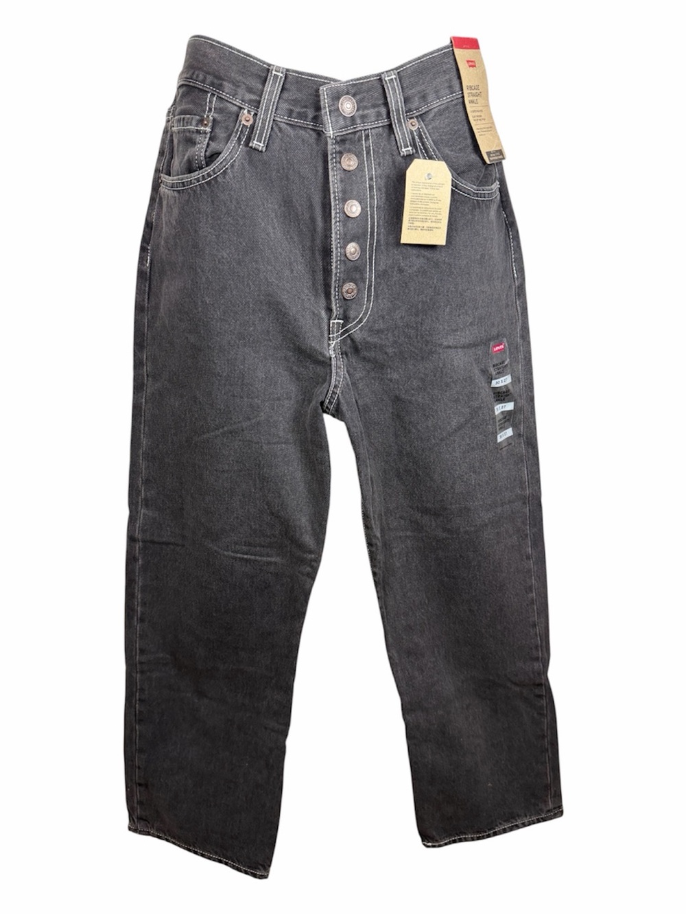Levi's Ribcage Straight Ankle Jeans Black Stone Wash Button Fly Women's 30x27